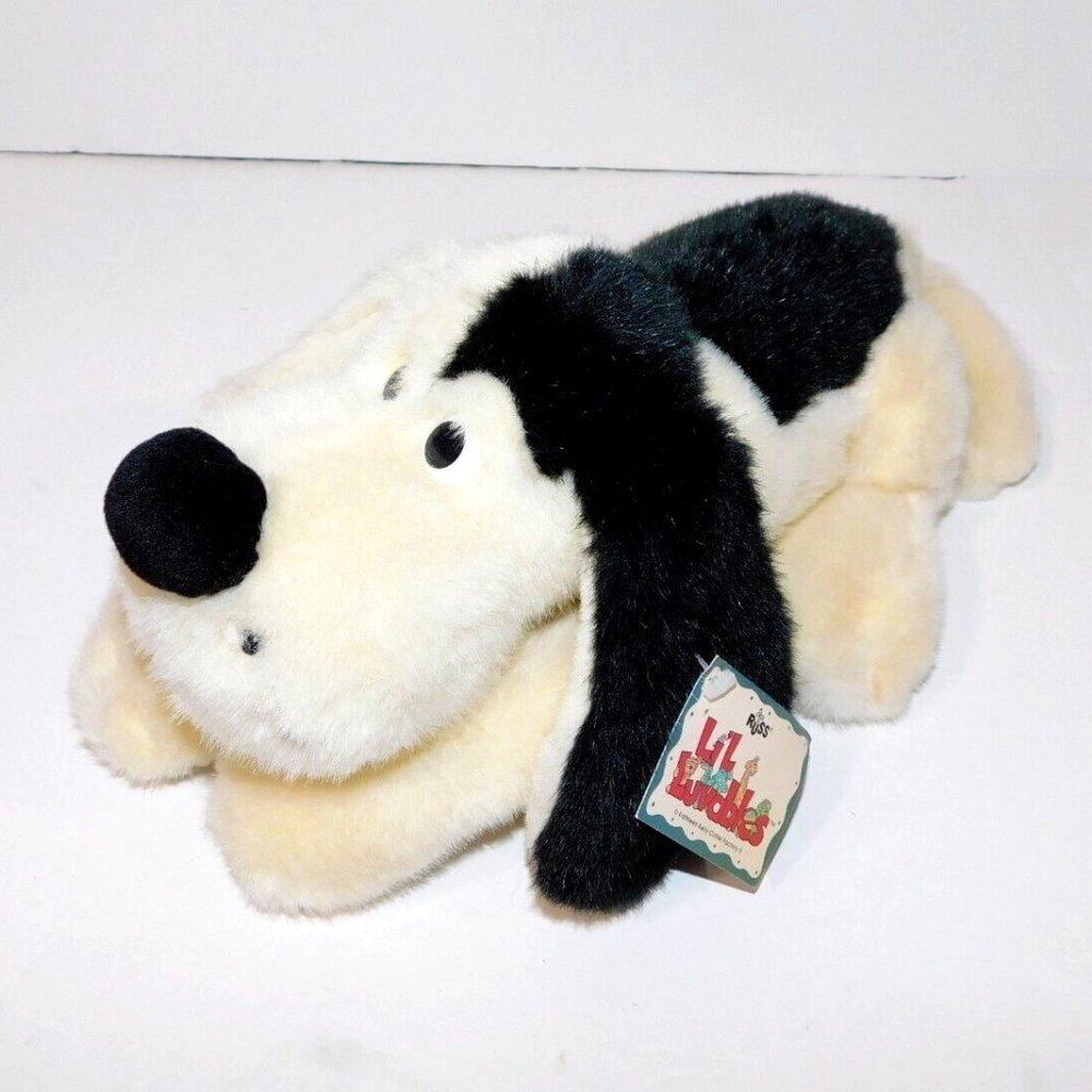 VTG Russ Li'l Lil Luvables Luv Pet Black 11' plush Cream Laying Puppy Dog w Tag
